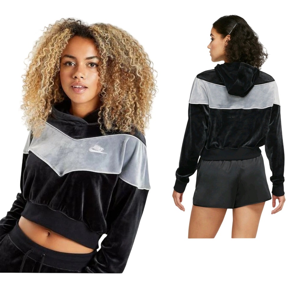 Nike Sportswear Heritage Womens Velour Hoodie Black Grey BV5054-010 Size M